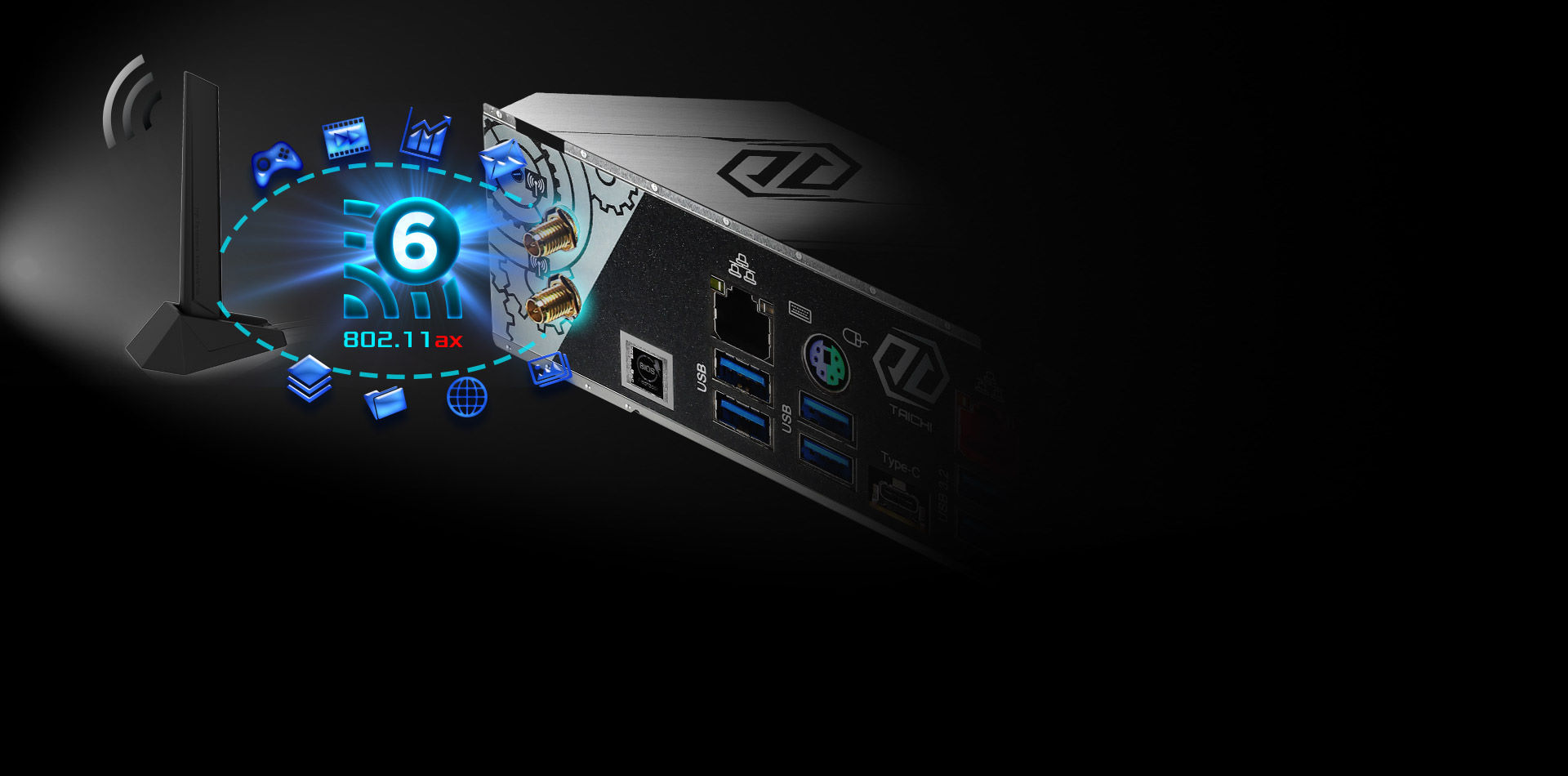 the wifi and ports of the motherboard